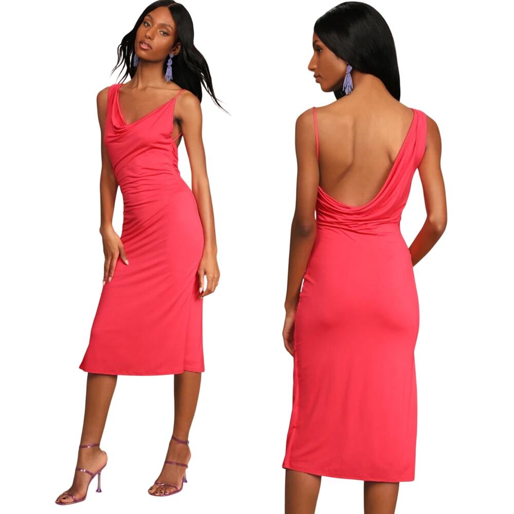 Lulus Coral Midi Dress Asymmetrical Cowl Neck Slinky Jersey Knit Low Back Small